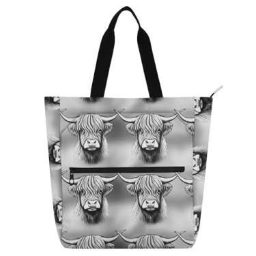 Imagem de Highland Cows Bolsa de ombro cinza para crianças e adultos, impermeável, tecido Oxford, bolsa de ombro