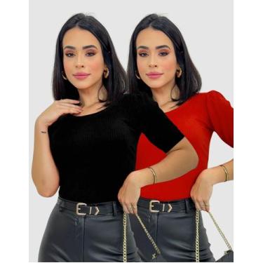 Imagem de Kit 2 Blusas Feminina Manga Curta Bufante Canelada Elegante Moda Casua