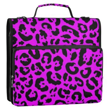 Imagem de Organizador de fichário grande com zíper, 3 anéis, anel D de 3,8 cm, rosa com estampa de leopardo, roxo, portfólio e estojo com alça de ombro para escola