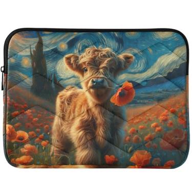 Imagem de Capa para notebook personalizada Starry Night Highland Cattle Floral para MacBook Air, capa acolchoada para laptop de 13 polegadas universal de 13 a 14 polegadas