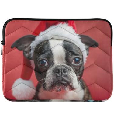Imagem de Um lindo cachorro Boston Terrier usando um Papai Noel, bolsa colorida para laptop, capa protetora para laptop universal de 13 polegadas, capa para computador de 14 polegadas