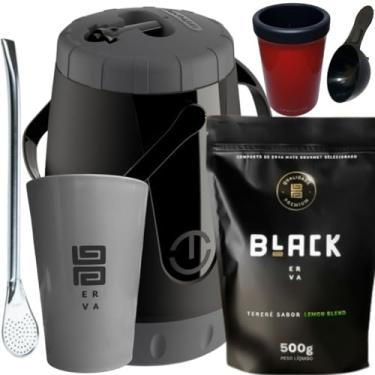 Imagem de BLACK ERVA, Kit Tereré Black Erva Mate 500g Garrafa Pávia Lisa 2,5L Copo Acrílico Cinza Bomba de Ferro Cromada (LEMON BLEND)