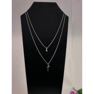 Imagem de Colar Duplo Pingente Fé E Ponto Luz Prata Legitima 925 - Lojas La&Amp;