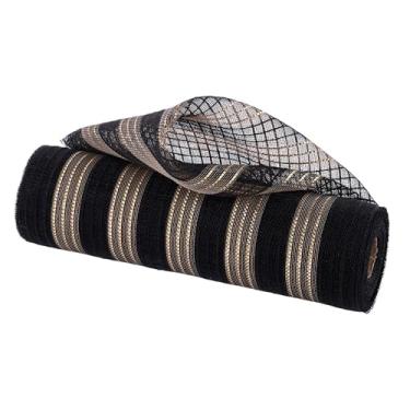 Imagem de Deco Poly Mesh Black Faux Juta com listras metálicas douradas foscas, 26,7 cm x 10 jardas para grinaldas, laços, artesanato e decorações