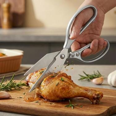 Imagem de Tesoura de cozinha, tesoura de cozinha de aço inoxidável, tesoura de carne prateada afiada segura para lava-louças, tesouras de aves pesadas, tesoura de cozinha japonesa para alimentos, presentes de