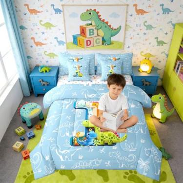 Imagem de Erosebridal Conjunto de cama solteiro Dino com monograma de dinossauro, letra I, 7 peças, em uma bolsa com lençóis, animais da selva, conjunto de edredom para crianças e adultos, conjunto de cama de