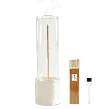 Imagem de CEREMONY Suporte de incenso, suporte de incenso de cerâmica para palitos com apanhador de cinzas de vidro, queimador de incenso anticinzas com 20 varas de incenso e uma escova de cinza para meditação