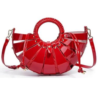 Imagem de louceko Bolsa de ombro feminina de couro PU, vazada, transversal, alça de tecido, concha para ventilador, cesta de vegetais, bolsa de mão, Vermelho, Medium