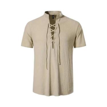 Imagem de Camisa Retro Masculina De Algodão E Linho Leve Com Decote Em V E Manga