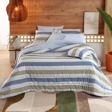 Imagem de Jogo de Cama Casal Azul e Bege 4 Peças Listrado Algodão Teka