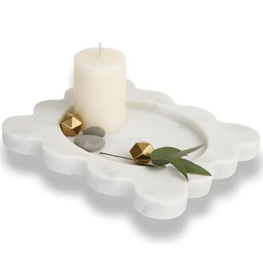 Imagem de DACHUN Bandeja de mármore natural, organizador de banheiro e decoração de balcão de cozinha, bandeja de armazenamento de pedra para perfume, joias, velas de maquiagem (branca)