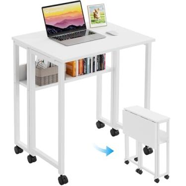 Imagem de GreenForest Mesa dobrável com rodas e prateleira de armazenamento, mesa compacta portátil de 61 cm para espaços pequenos, mesa móvel dobrável para computador, fácil montagem, branco puro