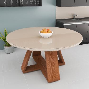 Imagem de Mesa Redonda De Jantar 110cm Off White Com Bancos Curvos Nature Para Cozinhas e Varandas