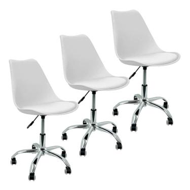 Imagem de Kit 3 Cadeiras Leda Office Luisa Saarinen Estofada Base Giratória Cromada - Branca