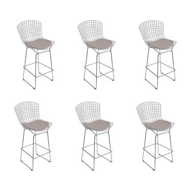 Imagem de Kit 6 Banquetas Bistrô Bertoia Cromada D70 Com Assento Sintético Bege