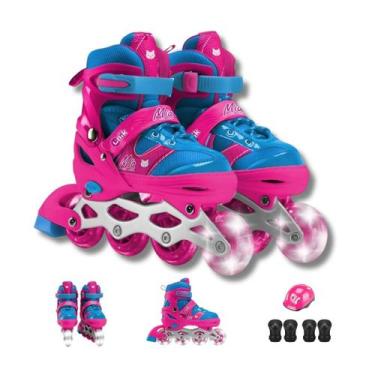Imagem de Patins 4 Rodas Feminino Infantil Luz Led e Regulagem Inline com Kit de