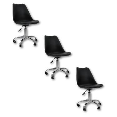Imagem de Kit 3 Cadeiras Office Base Cromada Com Rodízio Giratória Saarinen Preto