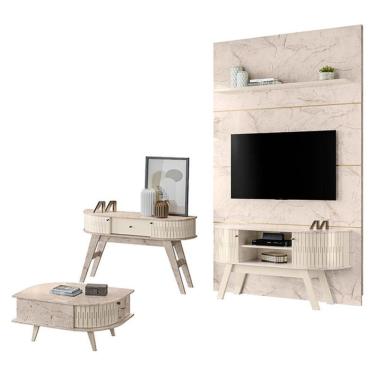 Imagem de Estante Home Theater com Bancada Silverstone e Aparador Estoril com Mesa de Centro Indianápolis Calacata Off White – Madetec
