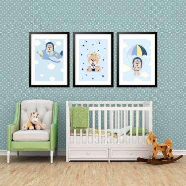Imagem de Kit 3 Quadros Grandes Quarto Infantil Ursinho Piloto 60x48cm