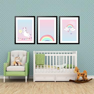 Imagem de Kit 3 Quadros Grandes Quarto Infantil Unicórnio 60x48cm