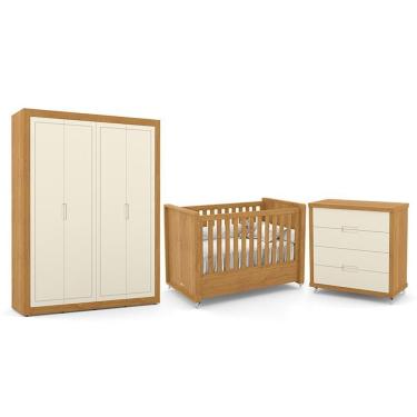 Imagem de Conjunto de Quarto Tutto New Guarda Roupa 4 Portas Comoda 4 Gavetas Berco MDF 185,8CM Freijo Off White Matic Moveis