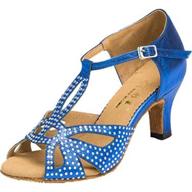 Imagem de Tênis feminino de dança de salão salto gatinha com tira em T Peep Toe Latin 1009, Azul, 7