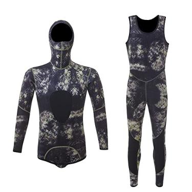 Imagem de Bestgift Fatos de mergulho masculinos de neoprene dividido de 1,5 mm Fato de mergulho de camuflagem masculina Fato de mergulho quente ao ar livre Camuflagem de padrão de pedra G