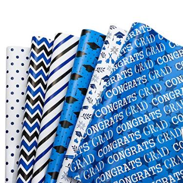 Imagem de Whaline 12 folhas de papel de embrulho de formatura 6 design azul branco preto parabéns papel de embrulho graduado boné listras padrão de pontos papel de arte decorativo para embrulho de presente artesanato faça você mesmo, 49,7 x 79,6 polegadas