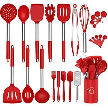 Imagem de Conjunto de utensílios de cozinha de silicone, conjunto de 26 peças, silicone antiaderente resistente ao calor, panelas com cabo de aço inoxidável - vermelho