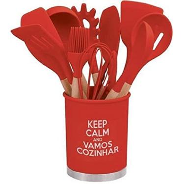 Imagem de Kit Utensílios Silicone Madeira Espátula Pegador 13pçs Vermelho