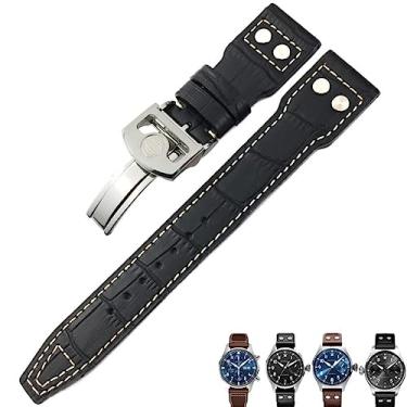 Imagem de DFAMIN Pulseira de relógio de couro italiano preto azul marrom pulseira de relógio para IWC PILOT Mark PORTUGIESER PORTOFINO Pulseiras de relógio 20mm 21mm 22mm (Cor: Preto branco 3, Tamanho: 20mm)