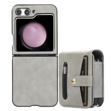 Imagem de LXURY Capa de couro para Samsung Galaxy Z Flip 5, capa flip cobertura total à prova de choque com slot para cartão caneta stylus ultra fina moda capa de negócios, cinza, Z Flip 5''