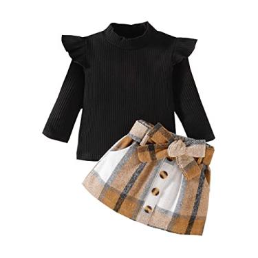 Imagem de Adorável roupa infantil menina camiseta lisa com nervuras estampas xadrez gravata borboleta saia roupas xadrez (preto, 18-24 meses)
