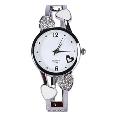 Imagem de Pulseira feminina de relógio bracelete de quartzo com mostrador redondo de strass, pulseira de aço inoxidável com caixa de relógio feminina Branco