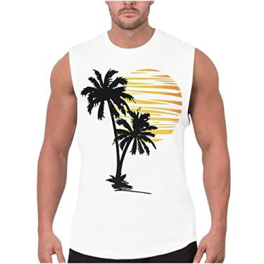 Imagem de Track Gym Coletes de praia masculinos verão outono gola redonda sol gráfico havaiano camiseta regata tropical masculina 2024, J-345 Branco, P