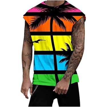 Imagem de Coletes masculinos gola redonda colete masculino treino atlético praia havaiana camiseta regata tropical verão outono 2024, F-496 multicolorido, P