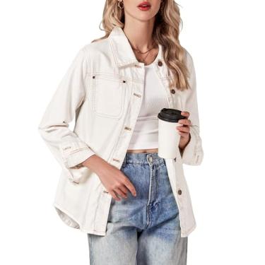 Imagem de luvamia Jaqueta jeans feminina moderna de manga comprida com botões, jaqueta jeans com bolso, jaqueta de trabalho ocidental, Branco marfim, P