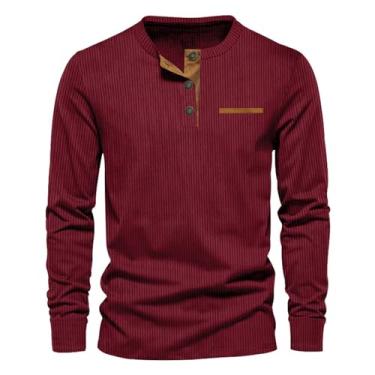 Imagem de Camisetas masculinas manga comprida veludo cotelê Henley cor sólida gola redonda camisetas abotoadas, Vinho tinto, 3G