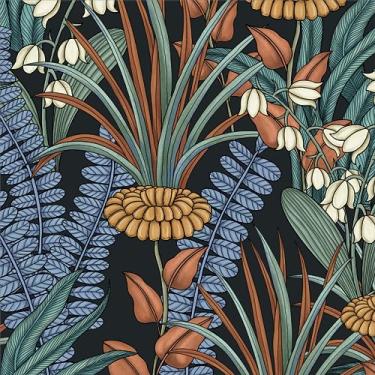 Imagem de KIKitchen Papel de parede floral boho para descascar e colar papel de parede vintage flor botânica, mural de parede autoadesivo 44,5 cm x 299,7 cm decoração de parede para bancada de armário de quarto (preto, laranja, azul)