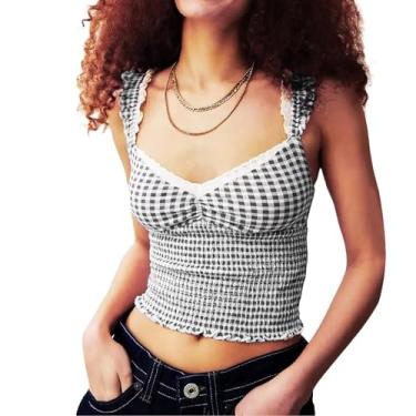 Imagem de Regata feminina cropped casual verão estampa xadrez decote em V colete básico sem mangas para streetwear, Preto, G