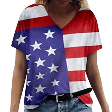 Imagem de Camiseta feminina com estampa de estrela da bandeira dos EUA, blusas de 4 de julho, gola V, caimento solto, túnica, camiseta do Dia da Independência, C, 3G