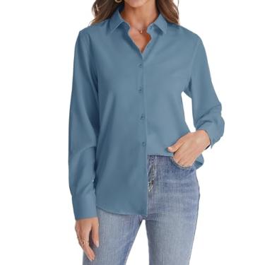 Imagem de J.VER Camisa feminina de botão manga longa sem rugas leve de chiffon sólido blusa de trabalho, Azul arejado, G