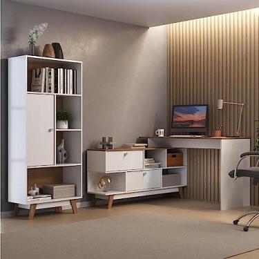 Imagem de Escrivaninha em L 120x136cm 2 Portas com Estante 1 Porta Retrô Branco/Nogal