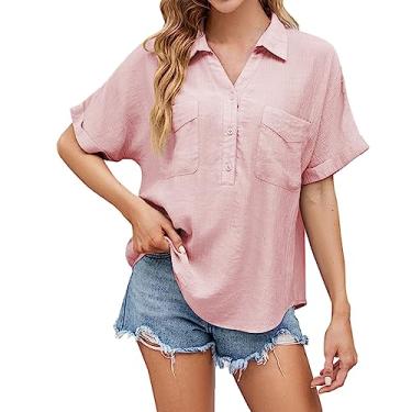 Imagem de Blusa feminina plus size elegante casual 2024 verão algodão linho camisa boho abotoada blusa com bolso, rosa, P