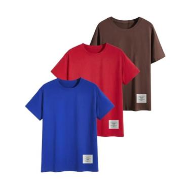 Imagem de SHENHE Camiseta masculina básica lisa de 3 peças, manga curta, gola redonda, letras remendadas, Azul, vermelho, marrom, M