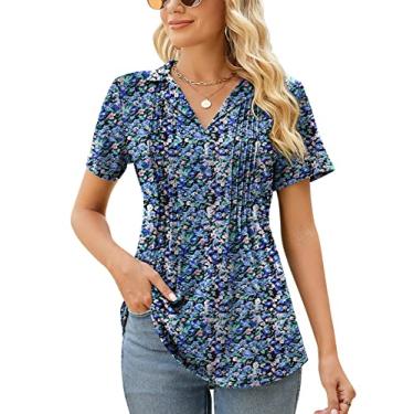 Imagem de Kistore Camisetas polo femininas de manga curta com gola V para o verão, blusa básica para trabalho, casual, 2023, A1 - floral azul, M