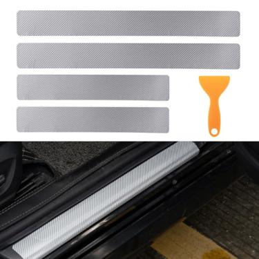 Imagem de Rislobx Protetor de soleira de porta, 4 peças de capas de degrau, película protetora de tinta de proteção de entrada de fibra de carbono, tiras de porta traseira dianteira, acabamento de adesivo para
