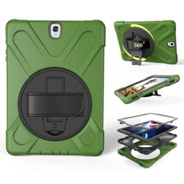 Imagem de Capa de silicone com suporte e alça de pulso giratória, segura para crianças, à prova de choque, para Samsung Galaxy Tab S3 SM-T820 T825 9,7 polegadas + caneta (verde militar)