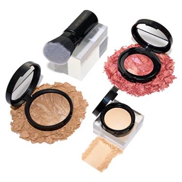 Imagem de LAURA GELLER NEW YORK Kit completo de pele (4 peças): base equilibrada e iluminada, médio, pincel Kabuki retrátil, Blush-N-Brighten, tons trópicos, marcador original cozido baunilha francesa