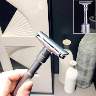 Imagem de Navalha de segurança de borda dupla ajustável resistente com base sólida cabo longo + 10 lâminas mini escova de limpeza e bolsa conjunto manual de presente de barbear úmido